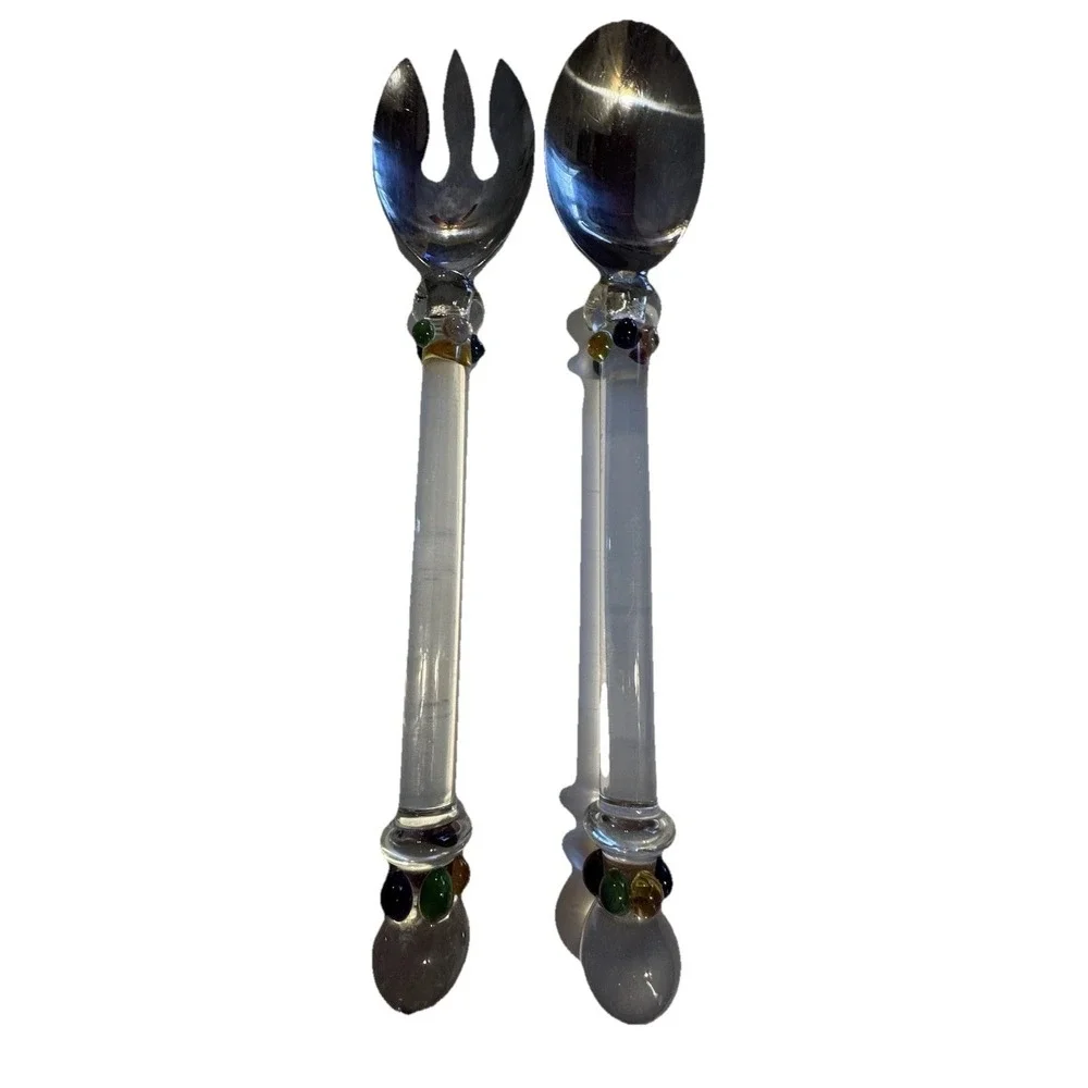 Silver Plated Salad Serving Set Fork and Spoon Molded Glass Handles